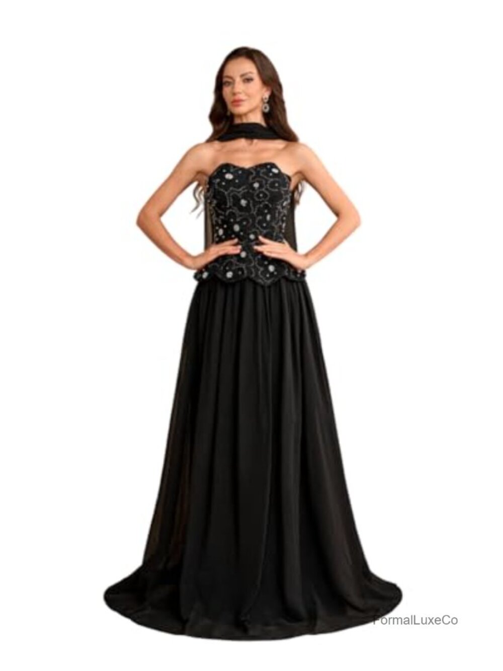 Chiffon Strapless Pleated Prom Maxi Dress Floral Beadwork Corset Formal Evening